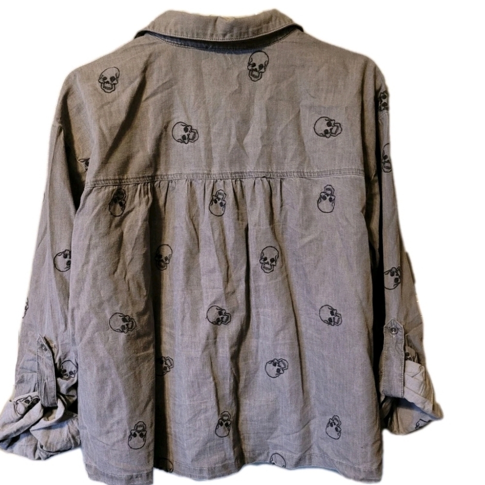 Womens Shirt Large Skull-Print Button-Up Shirt Grunge Revival Goth Y2k - Picture 3 of 4